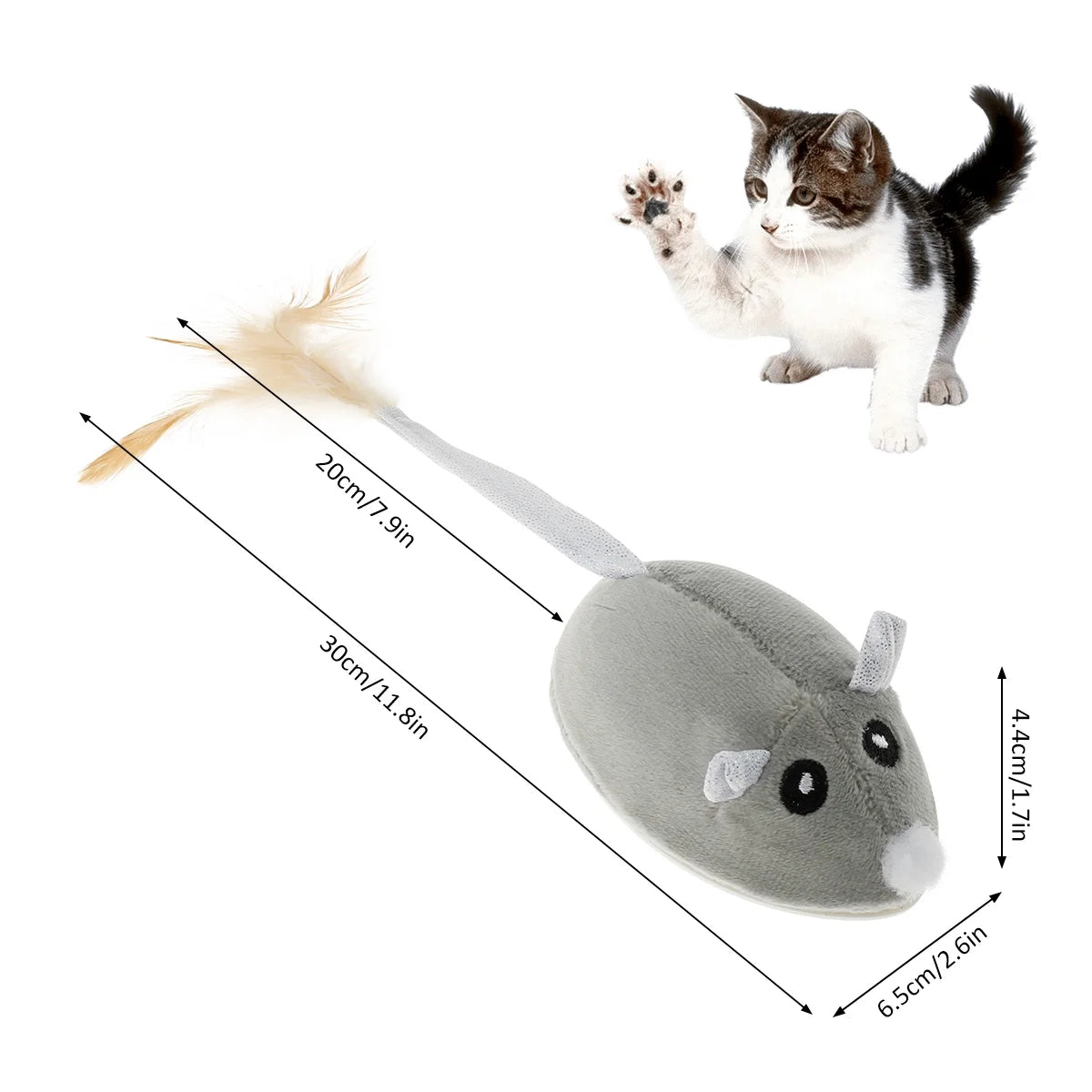 Cat Interactive Mouse Toy Automatic Electric Mouse Teaser Toy Realistic Kitten Feather Toy Random Moving Mouse Cat Toy with Feather Tail USB Rechargeable Toy for Pets