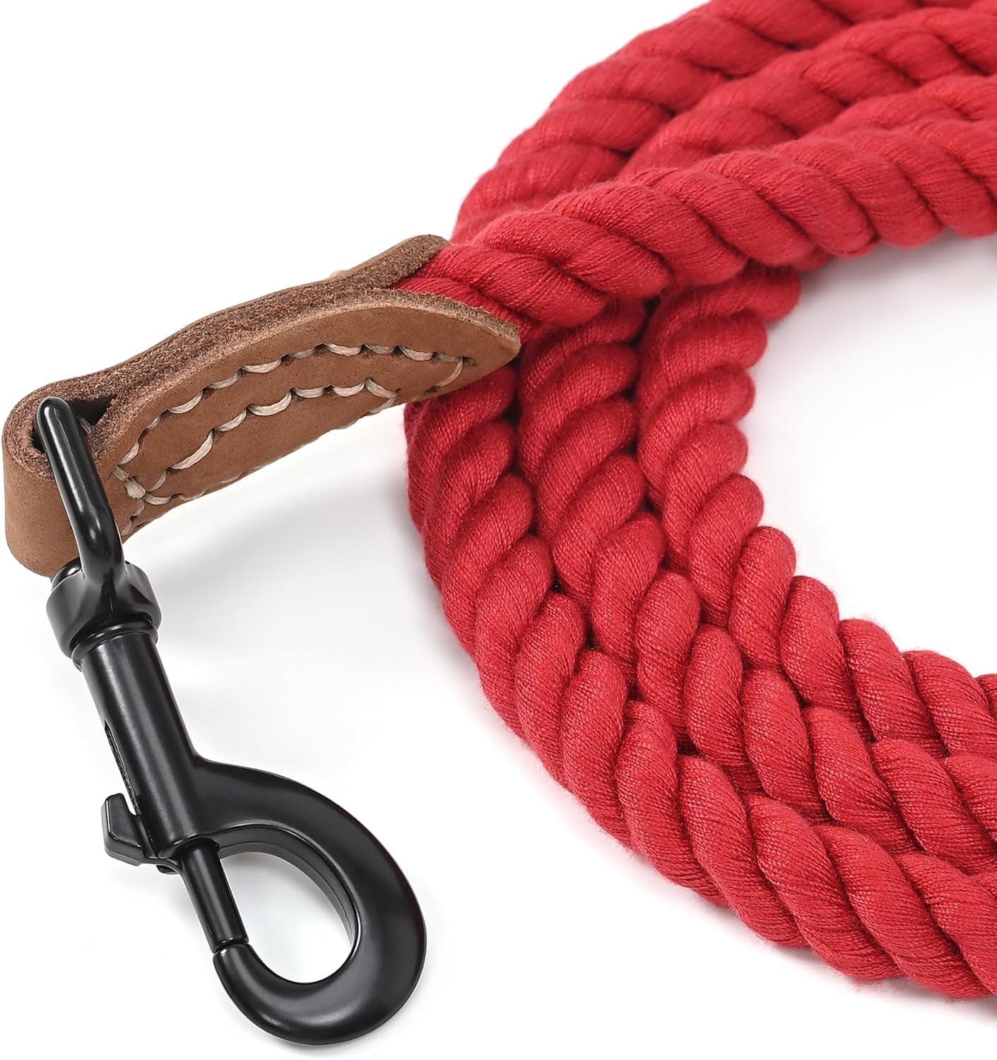 Braided Cotton Rope Dog Leash with Leather Tip | 5-Foot Heavy-Duty Metal Clasp | Wedding Dog Leash in Red (60 Inches)
