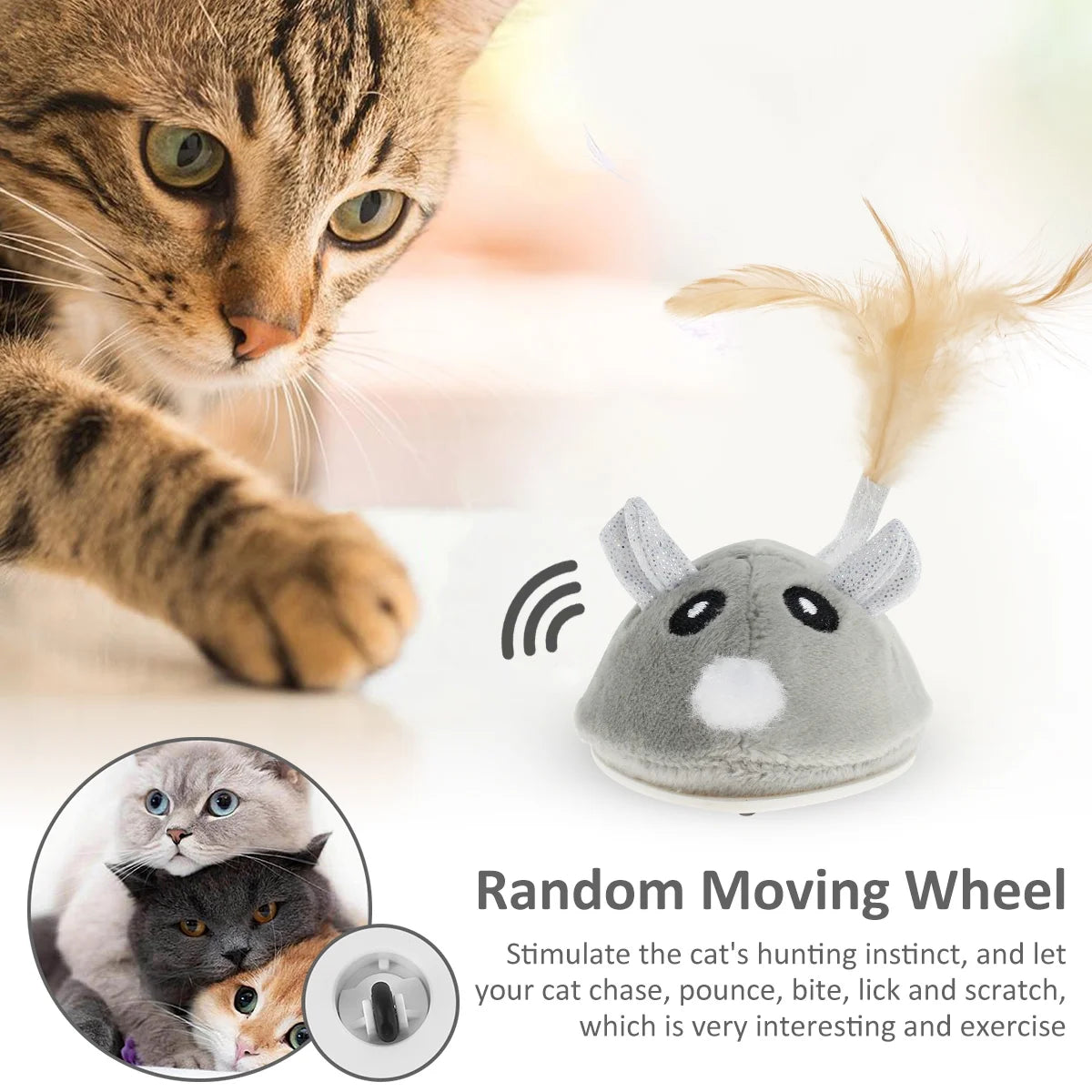 Cat Interactive Mouse Toy Automatic Electric Mouse Teaser Toy Realistic Kitten Feather Toy Random Moving Mouse Cat Toy with Feather Tail USB Rechargeable Toy for Pets