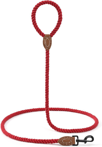Braided Cotton Rope Dog Leash with Leather Tip | 5-Foot Heavy-Duty Metal Clasp | Wedding Dog Leash in Red (60 Inches)