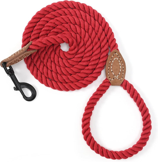 Braided Cotton Rope Dog Leash with Leather Tip | 5-Foot Heavy-Duty Metal Clasp | Wedding Dog Leash in Red (60 Inches)