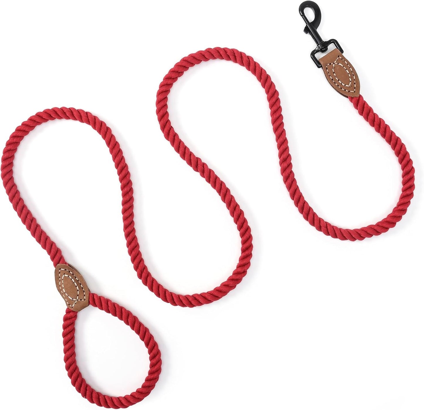 Braided Cotton Rope Dog Leash with Leather Tip | 5-Foot Heavy-Duty Metal Clasp | Wedding Dog Leash in Red (60 Inches)