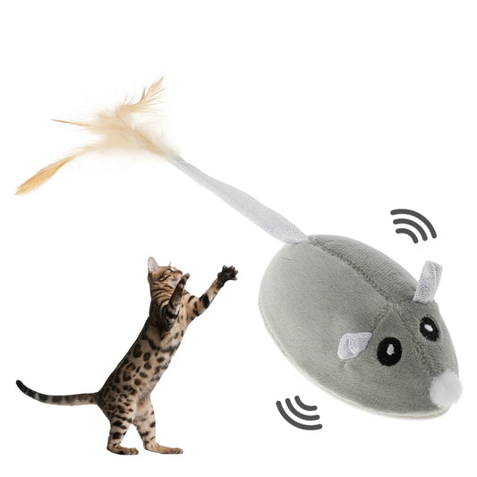 Cat Interactive Mouse Toy Automatic Electric Mouse Teaser Toy Realistic Kitten Feather Toy Random Moving Mouse Cat Toy with Feather Tail USB Rechargeable Toy for Pets