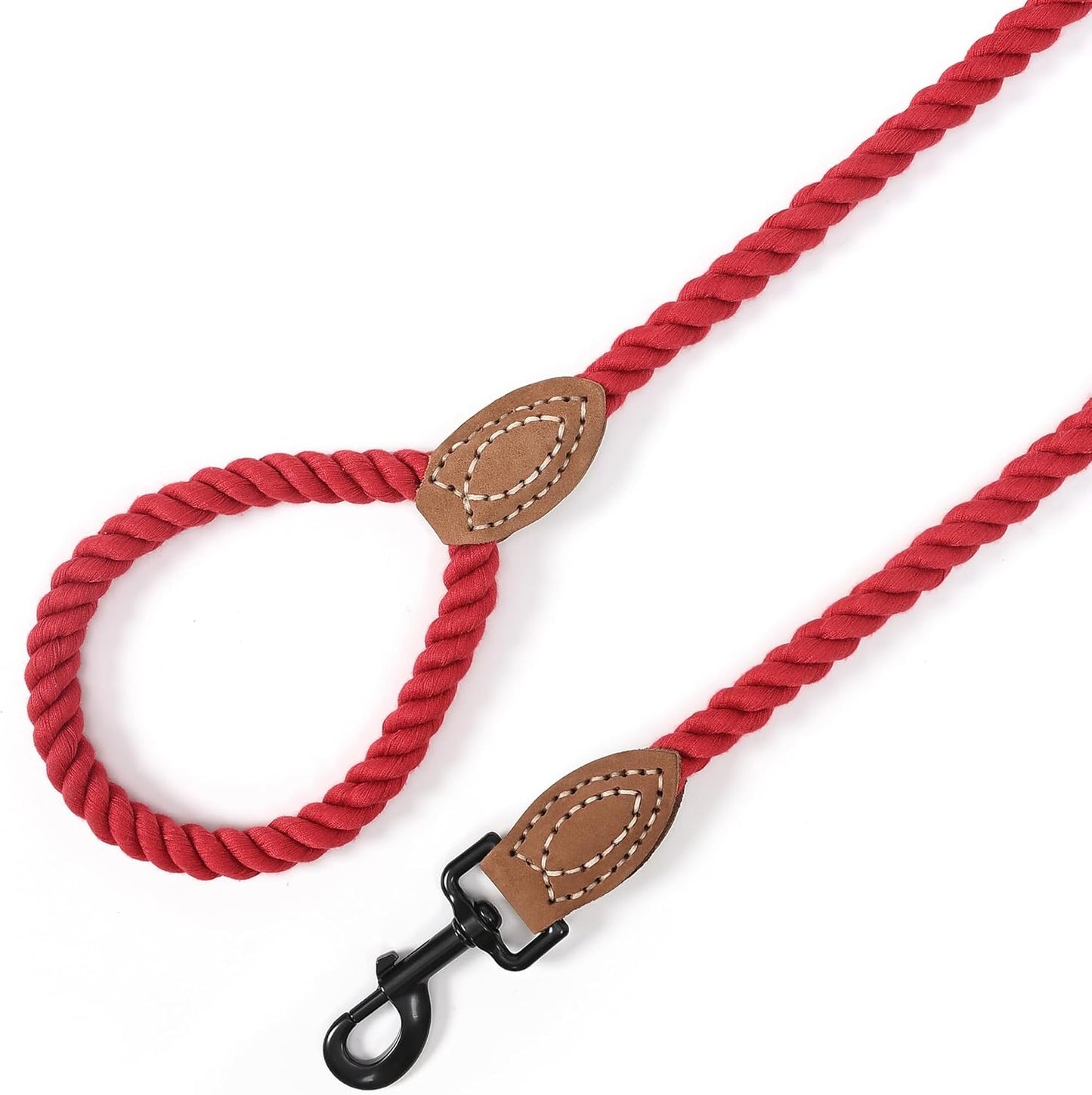 Braided Cotton Rope Dog Leash with Leather Tip | 5-Foot Heavy-Duty Metal Clasp | Wedding Dog Leash in Red (60 Inches)