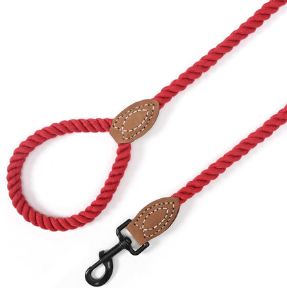 Braided Cotton Rope Dog Leash with Leather Tip | 5-Foot Heavy-Duty Metal Clasp | Wedding Dog Leash in Red (60 Inches)