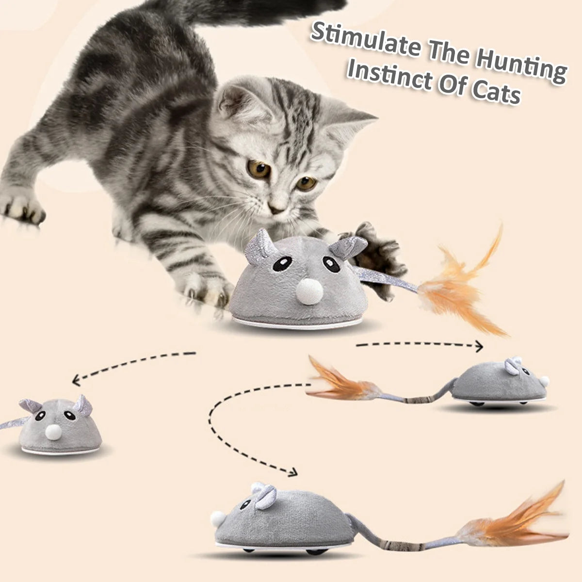 Cat Interactive Mouse Toy Automatic Electric Mouse Teaser Toy Realistic Kitten Feather Toy Random Moving Mouse Cat Toy with Feather Tail USB Rechargeable Toy for Pets