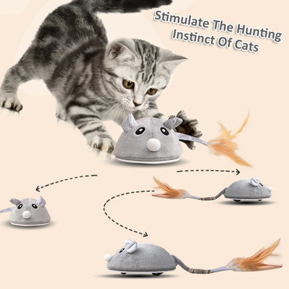 Cat Interactive Mouse Toy Automatic Electric Mouse Teaser Toy Realistic Kitten Feather Toy Random Moving Mouse Cat Toy with Feather Tail USB Rechargeable Toy for Pets